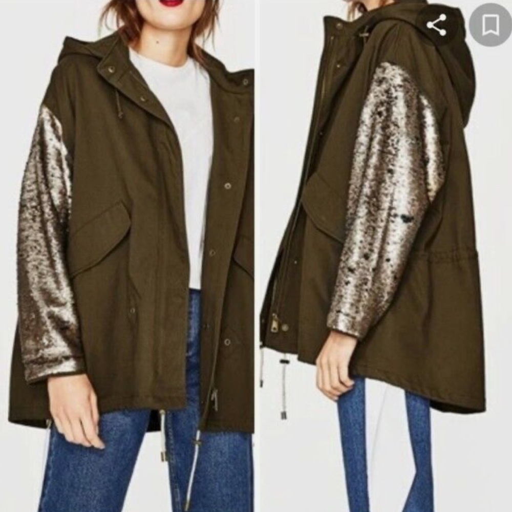 Zara Changing Sequin Sleeve Parka Olive Green Utility Jacket Shiny Sparkly